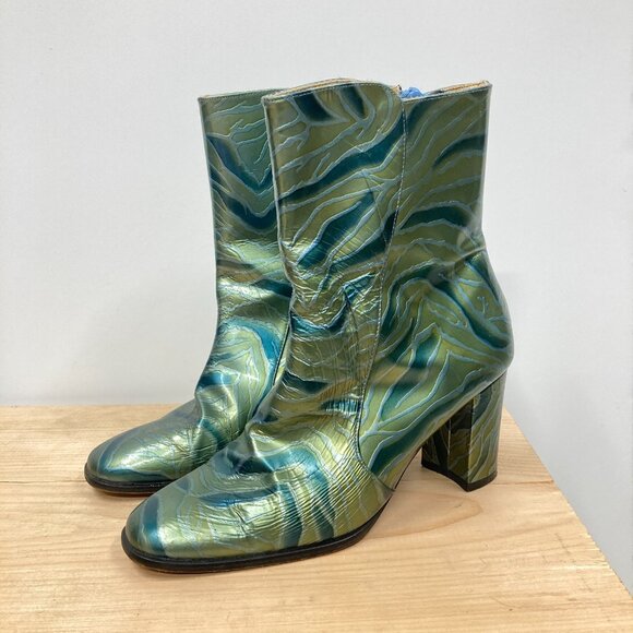 Fantasy Collection Laura Ankle Boots, Size 9, Green Patent Leather Zebra Print - Picture 1 of 14